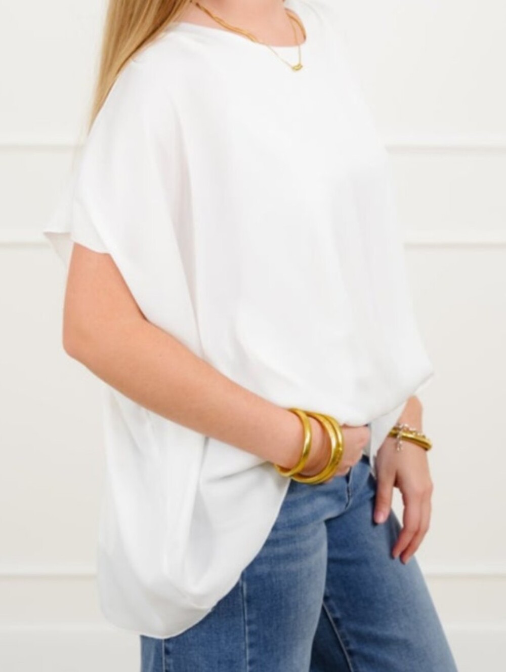 Davi & Dani White Draped Scoop-Neck Blouse